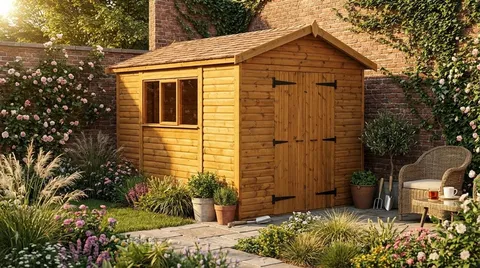 Apex timber workshop in a landscaped garden, double doors closed