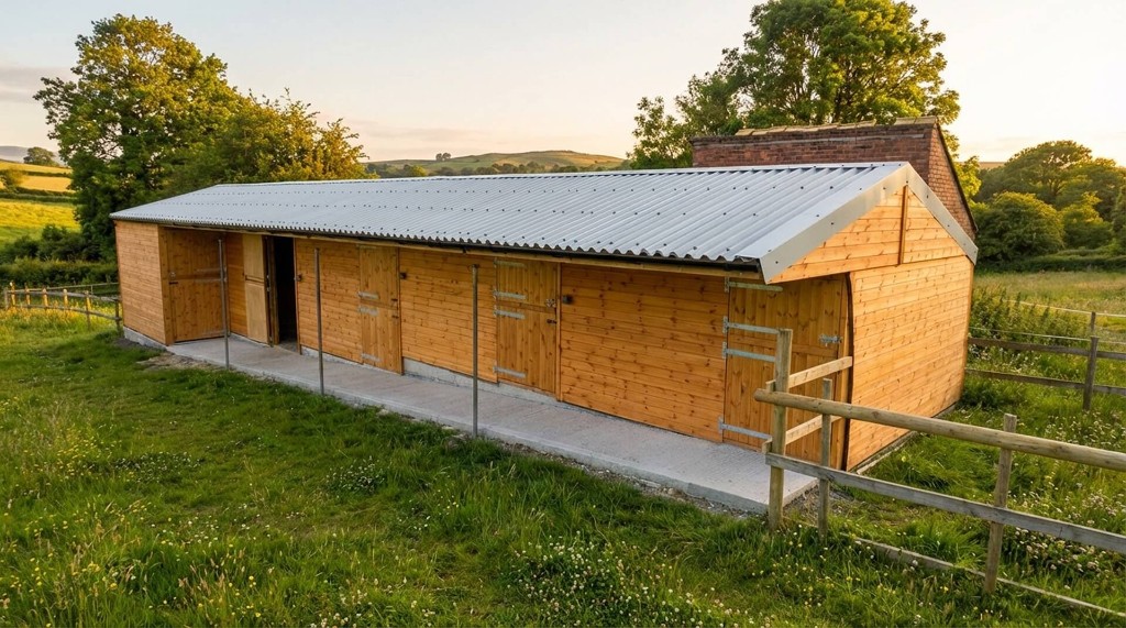 Timber stable built on sloping land – stepped foundation follows the gradient, galvanised roof, UK equestrian building